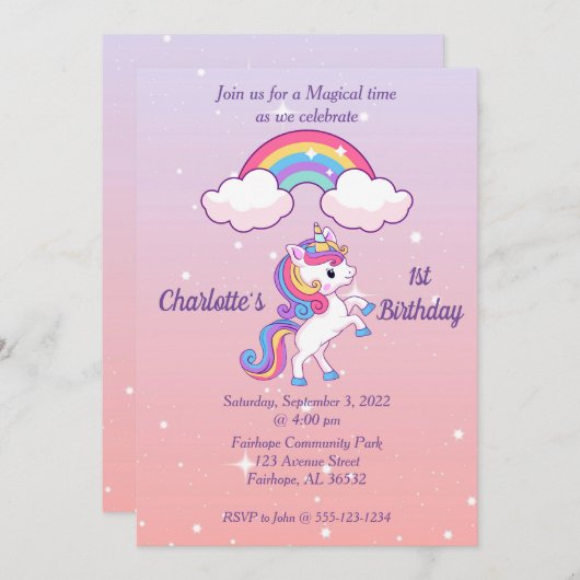 Unicorn Sparkle 1st Birthday Uitnodiging (Voorkant / Achterkant)
