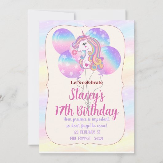 Unicorn Sparkles and Balloons Birthday Invitation Kaart (Voorkant)