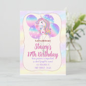 Unicorn Sparkles and Balloons Birthday Invitation Kaart (Staand voorkant)
