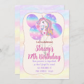 Unicorn Sparkles and Balloons Birthday Invitation Kaart (Voorkant / Achterkant)