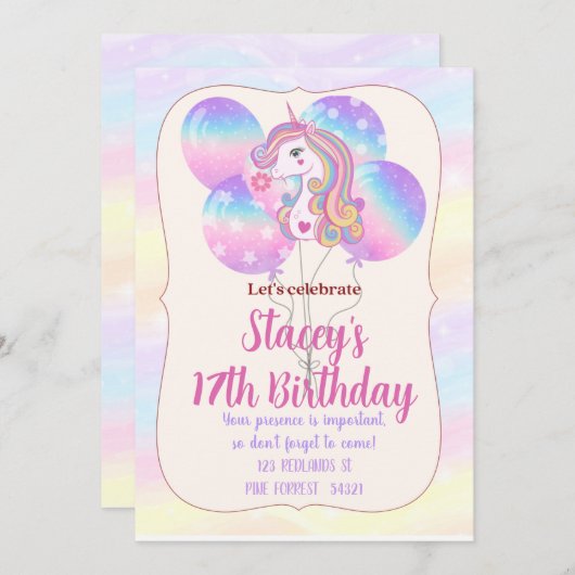 Unicorn Sparkles and Balloons Birthday Invitation Kaart (Voorkant / Achterkant)