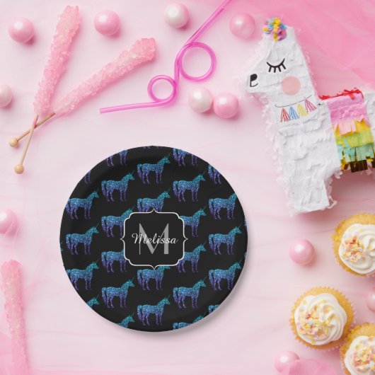 Unicorn Sparkles aqua blue ombre patroon Monogram Papieren Bordje (Feest)