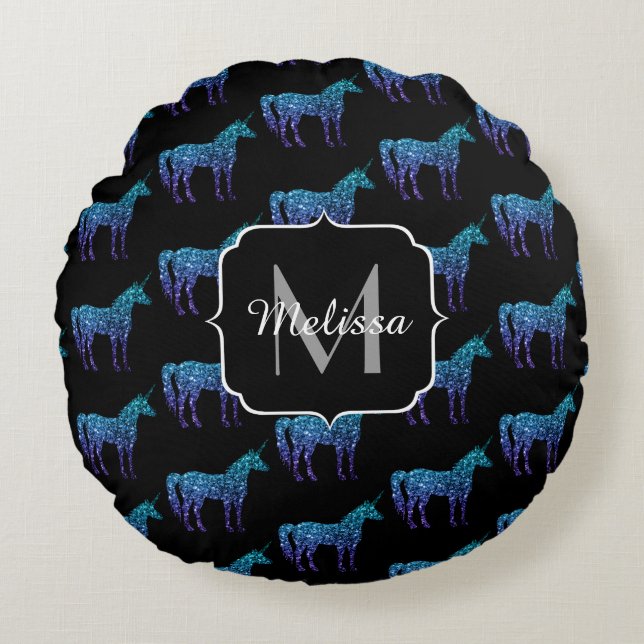 Unicorn Sparkles aqua blue ombre patroon Monogram Rond Kussen (Voorkant)