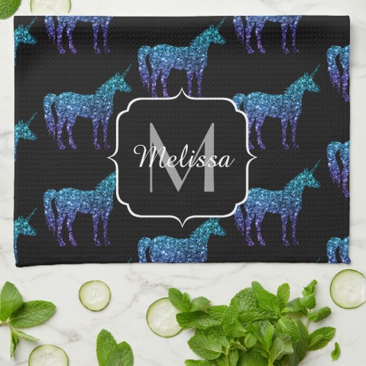 Unicorn Sparkles aqua blue ombre patroon Monogram Theedoek (Gevouwen)
