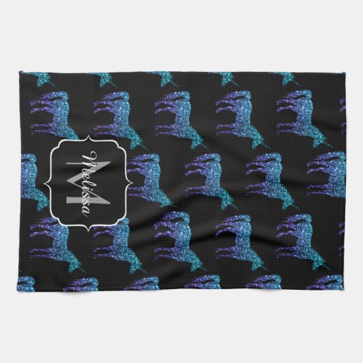 Unicorn Sparkles aqua blue ombre patroon Monogram Theedoek (Horizontaal)