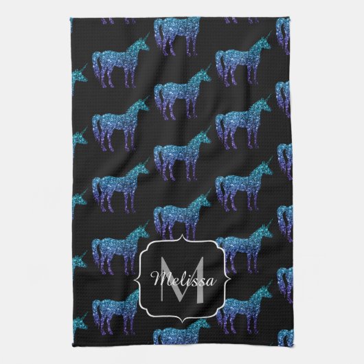 Unicorn Sparkles aqua blue ombre patroon Monogram Theedoek (Verticaal)