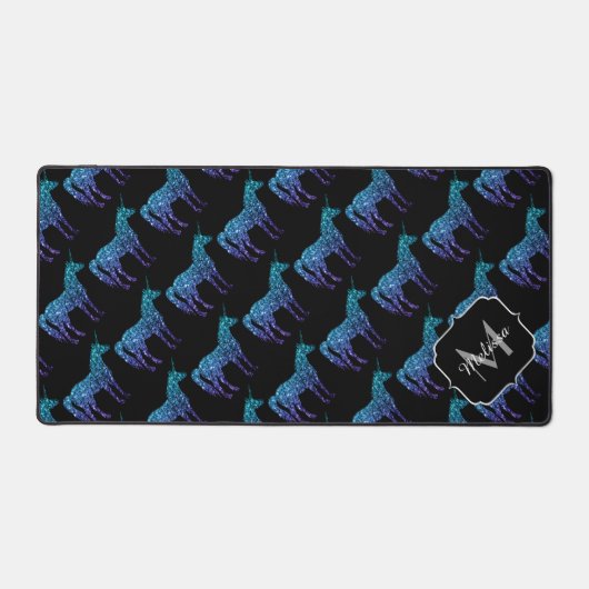 Unicorn Sparkles aqua blue ombre zwart Monogram Bureaumat (Voorkant)