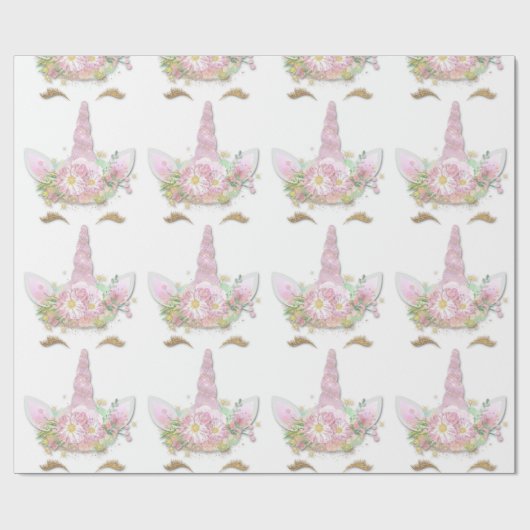 Unicorn Sparkly Glitter Pink Gold Floral White Cadeaupapier (Vlak)