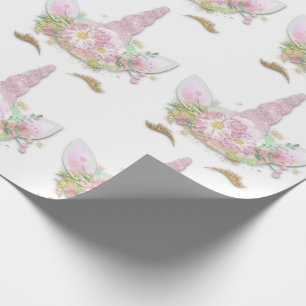 Unicorn Sparkly Glitter Pink Gold Floral White Cadeaupapier