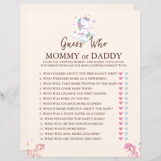 Unicorn spel raden wie regenboog Baby shower (Voorkant / Achterkant)