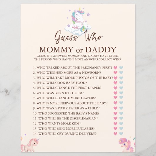 Unicorn spel raden wie regenboog Baby shower (Voorkant)