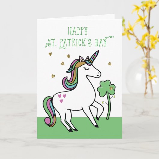 Unicorn St. Patrick's Day wil met Shamrock Kaart (Gele Bloem)