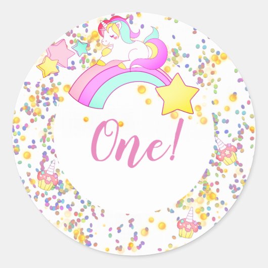 Unicorn, Stars, Cupcakes en Confetti Birthday Ronde Sticker (Voorkant)