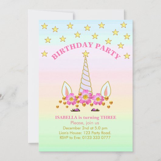 Unicorn, Stars, Flowers en Confetti Birthday Kaart (Voorkant)