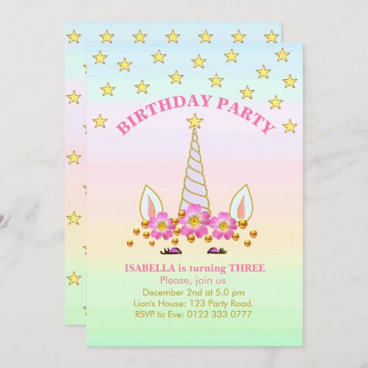 Unicorn, Stars, Flowers en Confetti Birthday Kaart (Voorkant / Achterkant)