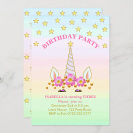 Unicorn, Stars, Flowers en Confetti Birthday Kaart