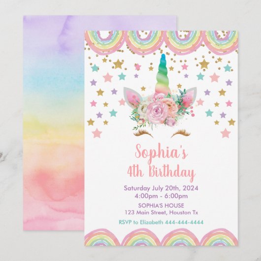 Unicorn stars rainbow Birthday Invitation Kaart (Voorkant / Achterkant)