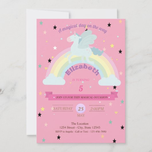 Unicorn, Stars Rainbow Birthday Uitnodiging (Voorkant)