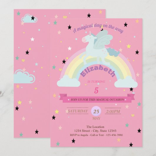 Unicorn, Stars Rainbow Birthday Uitnodiging (Voorkant / Achterkant)