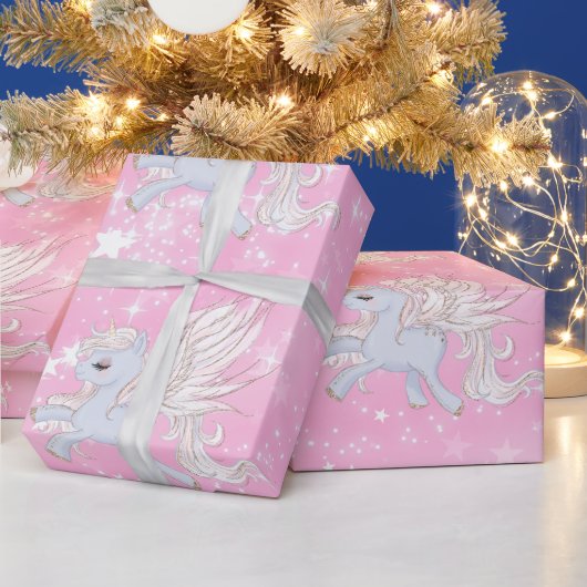 Unicorn Stars Roze Witte Steen Cadeaupapier (Feestdagen)