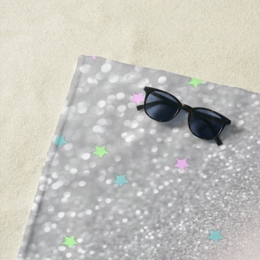Unicorn, Stars, Silver Glitter Bokeh - Gepersonali Strandlaken (In situ)