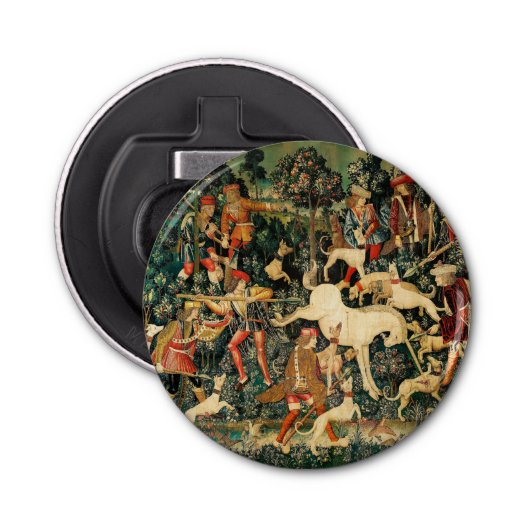 Unicorn Tapestries middeleeuwse klassieker verdedi Button Flesopener (Voorkant)