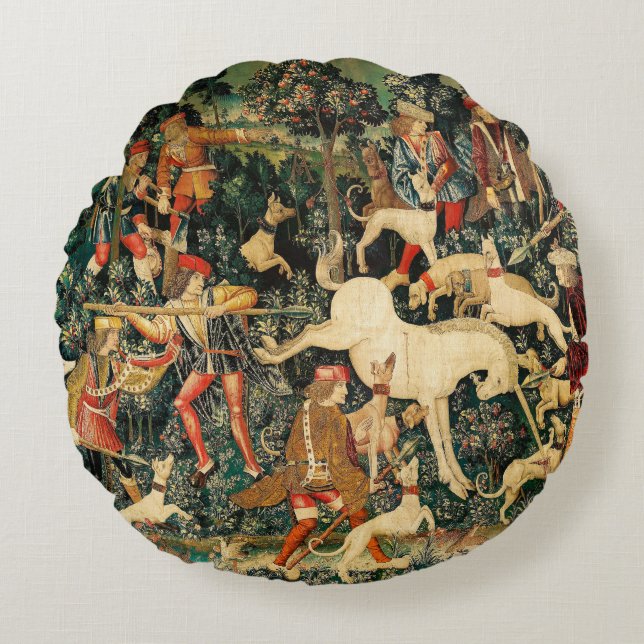 Unicorn Tapestries middeleeuwse klassieker verdedi Rond Kussen (Voorkant)