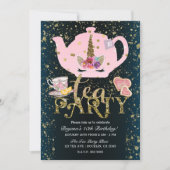 Unicorn Tea Party Gold Glitter Roze Meisjes Verjaa Kaart (Voorkant)