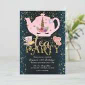 Unicorn Tea Party Gold Glitter Roze Meisjes Verjaa Kaart (Staand voorkant)