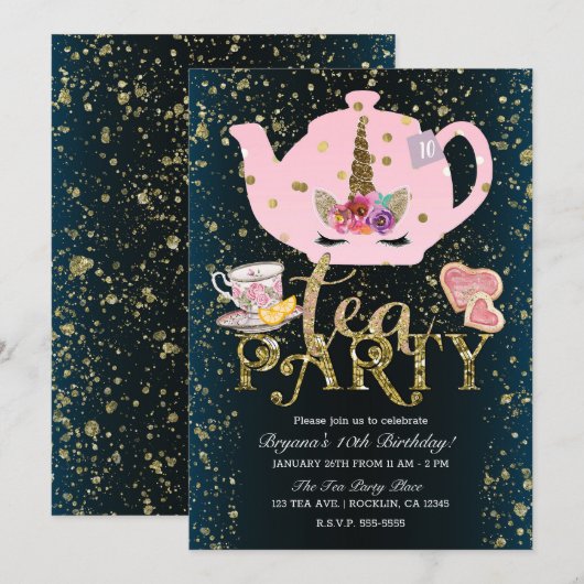 Unicorn Tea Party Gold Glitter Roze Meisjes Verjaa Kaart (Voorkant / Achterkant)