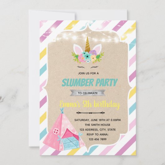 Unicorn teepee slumber-uitnodiging kaart (Voorkant)