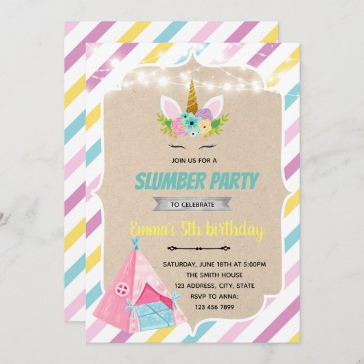 Unicorn teepee slumber-uitnodiging kaart (Voorkant / Achterkant)