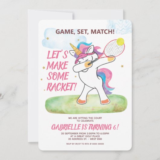 Unicorn Tennis Birthday Uitnodiging (Voorkant)