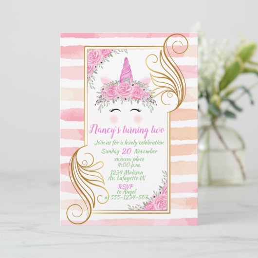 Unicorn Thema Baby Verjaardagsuitnodiging Kaart (Staand voorkant)