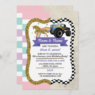 Unicorn & Truck Joint Boy Girl Birthday Invites Kaart