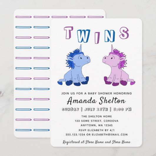 Unicorn Twins Baby shower Invitation Kaart (Voorkant / Achterkant)