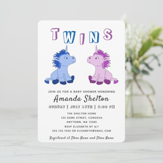 Unicorn Twins Baby shower Invitation Kaart (Staand voorkant)