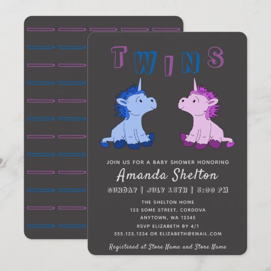 Unicorn Twins Baby shower Invitation Kaart (Voorkant / Achterkant)