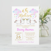 Unicorn Twins Pastel Rainbow Clouds Baby shower Kaart (Staand voorkant)
