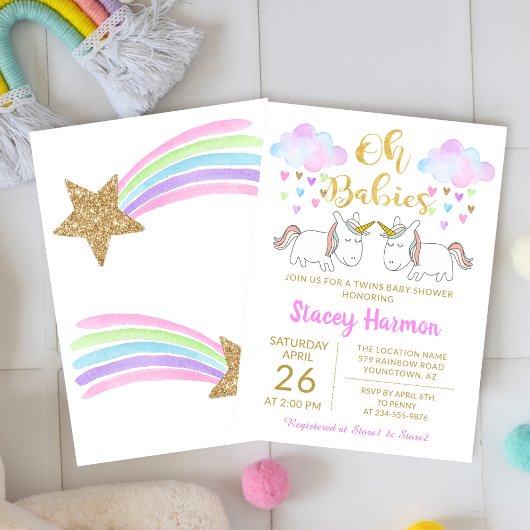 Unicorn Twins Pastel Rainbow Clouds Baby shower Kaart