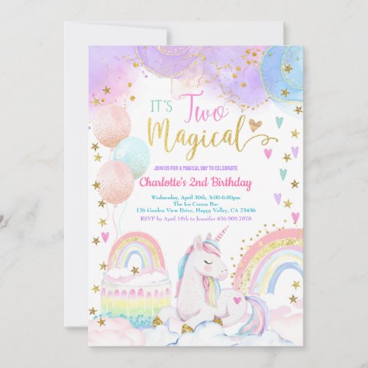 Unicorn Two Magical 2nd Birthday Party Pastel Kaart (Voorkant)