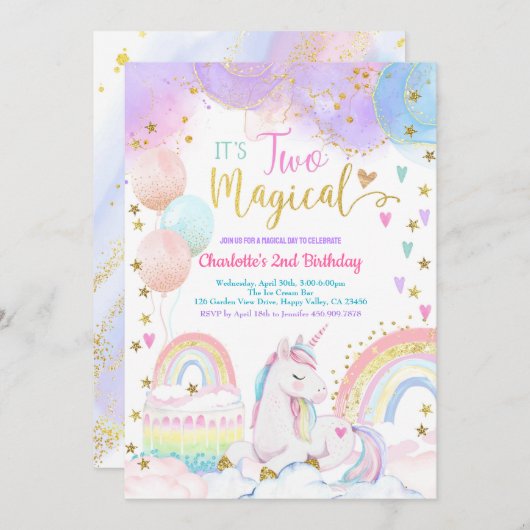 Unicorn Two Magical 2nd Birthday Party Pastel Kaart (Voorkant / Achterkant)