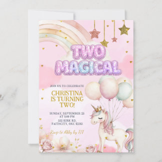Unicorn Two Magical Pastel Birthday Invitation Kaart