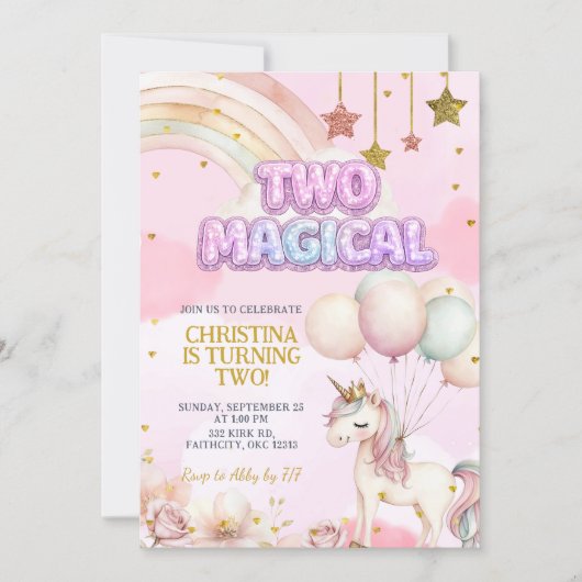 Unicorn Two Magical Pastel Birthday Invitation Kaart (Voorkant)