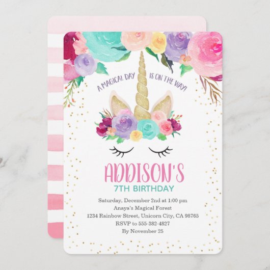 Unicorn Uitnodiging 1e Verjaardag Baby shower (Voorkant / Achterkant)