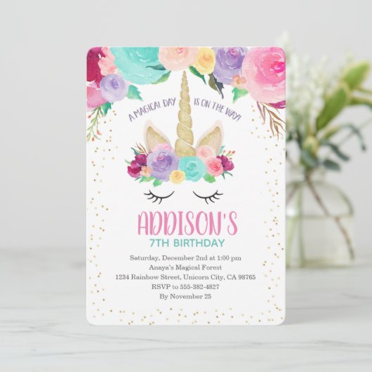 Unicorn Uitnodiging 1e Verjaardag Baby shower (Staand voorkant)