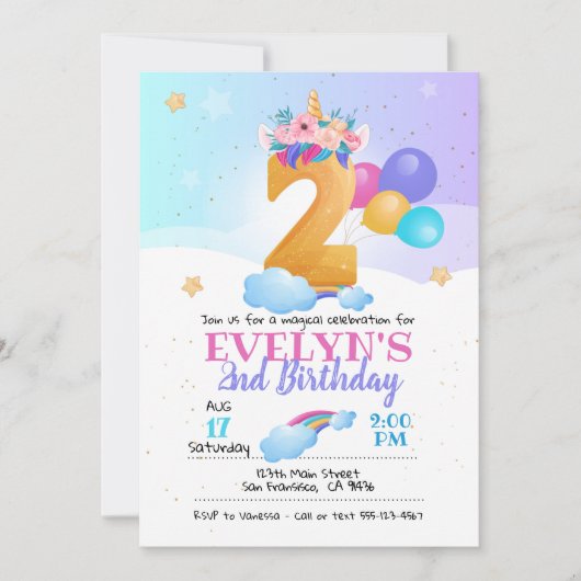 Unicorn-uitnodiging, 2e verjaardag Unicorn Kaart (Voorkant)