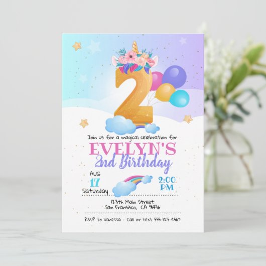 Unicorn-uitnodiging, 2e verjaardag Unicorn Kaart (Staand voorkant)