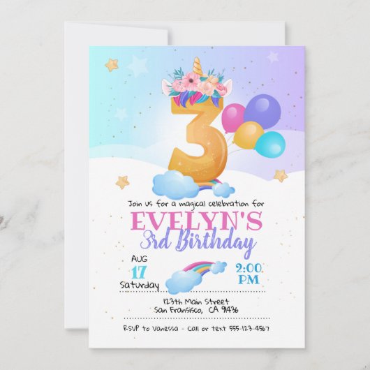 Unicorn-uitnodiging, 3e verjaardag Unicorn Kaart (Voorkant)