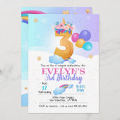 Unicorn-uitnodiging, 3e verjaardag Unicorn Kaart (Voorkant / Achterkant)